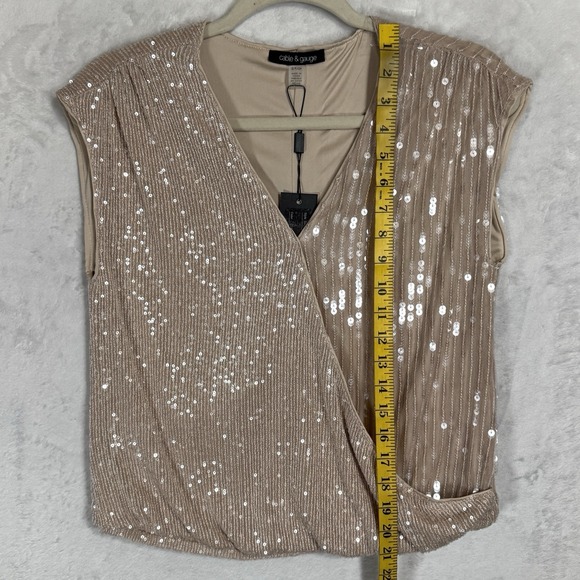 NWT Cable & Gauge Champagne Sequin Faux Wrap Top Size Small Sparkly Neutral Glam - Picture 10 of 15